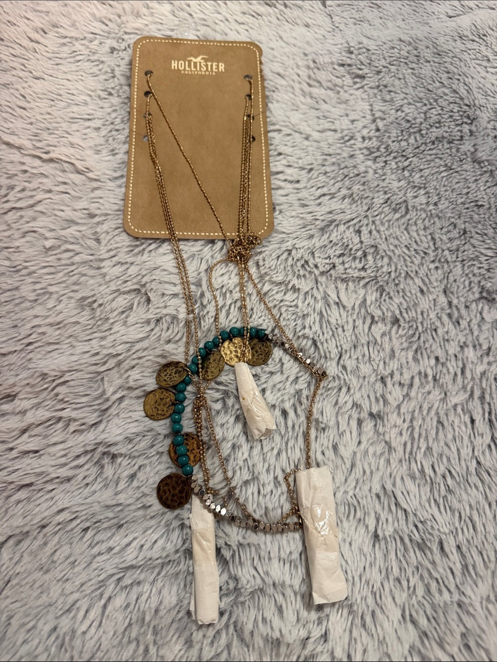 Hollister Gold-Tone Layered Necklace with Teal Beads and Coin Charms